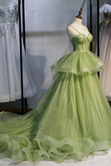 Green Tulle Long Prom Dresses, A-Line Evening Dresses with Train