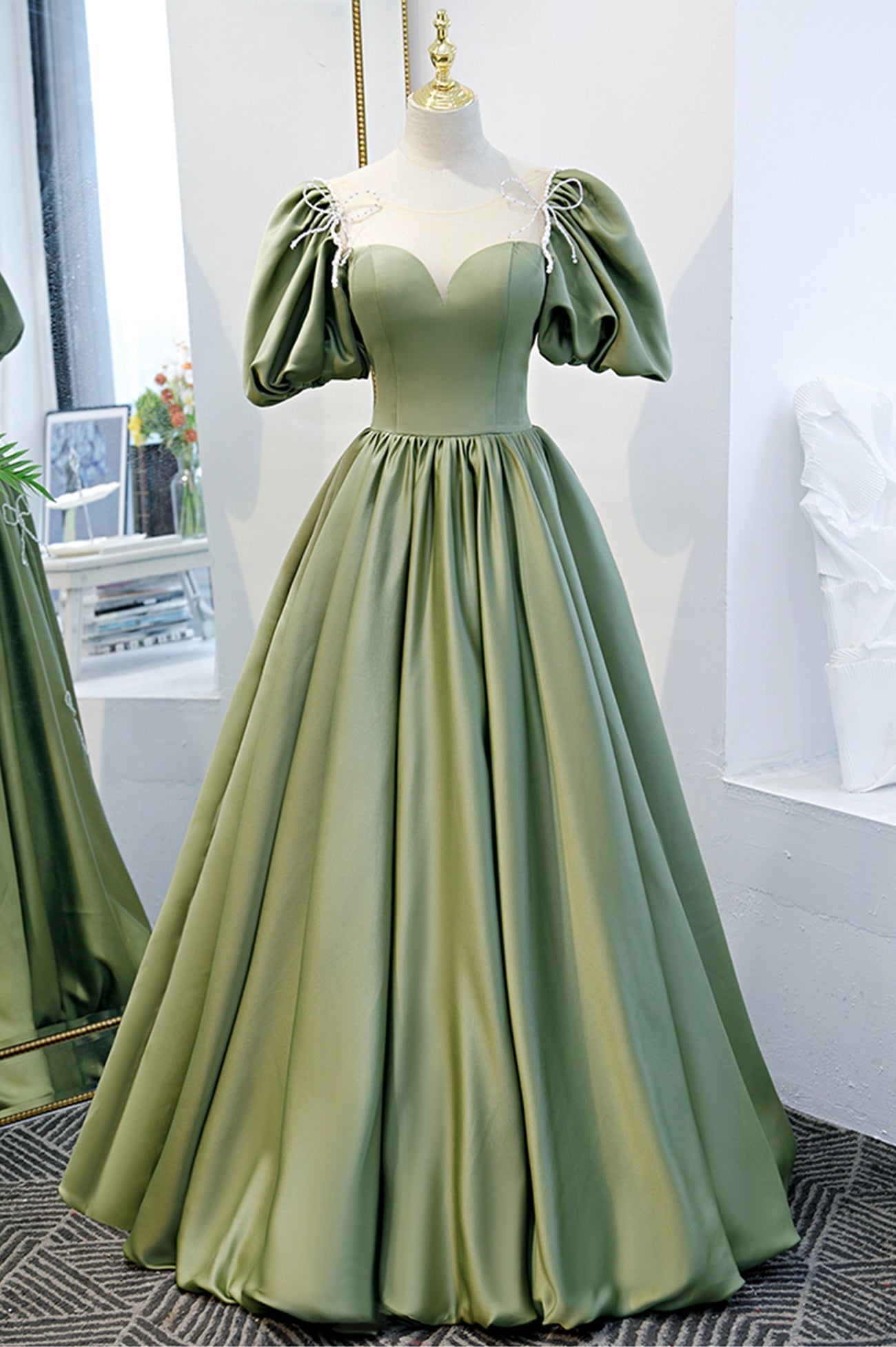 Green Satin A-Line Long Formal Dress, Green Junior Prom Dress