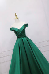 Green Satin Long Prom Dress, Off the Shoulder Evening Party Dress