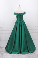 Green Satin Long Prom Dress, Off the Shoulder Evening Party Dress