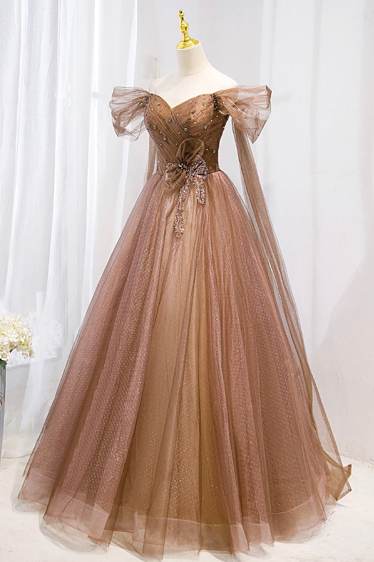 Off the Shouler Long Formal Dresses, A-Line Tulle Formal Evening Dress