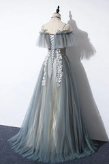 Gray Tulle Lace Long Prom Dress, A-Line Evening Dress