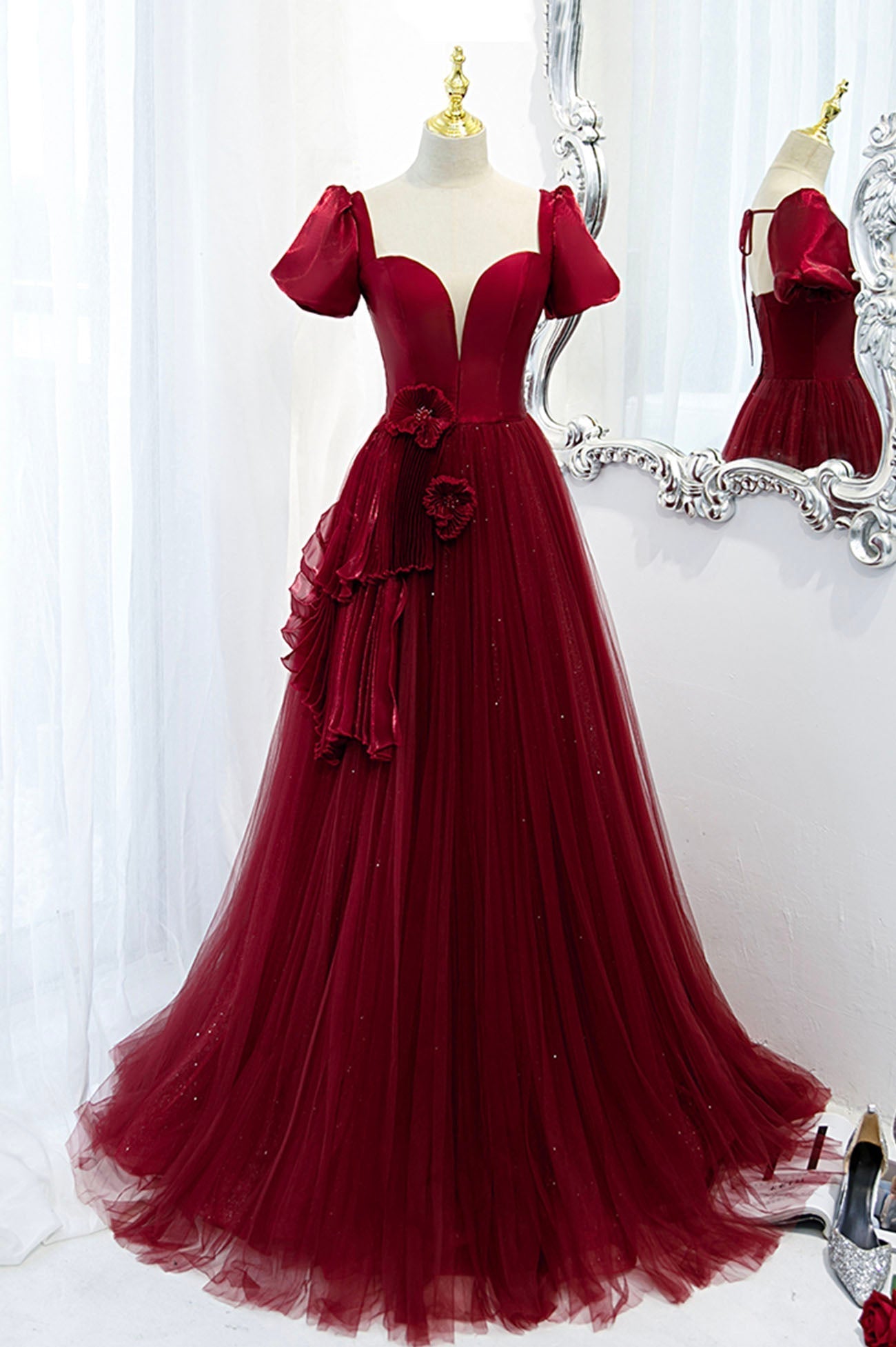 A-Line Satin Tulle Long Prom Dresses, Burgundy Evening Dresses