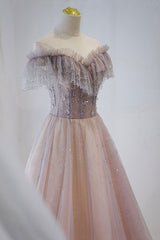 Pink Tulle Beaded Long Formal Dress, Pink V-Neck Prom Dress