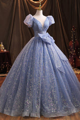 Blue Tulle Sequins Long Prom Dress, A-Line Evening Gown with Bow