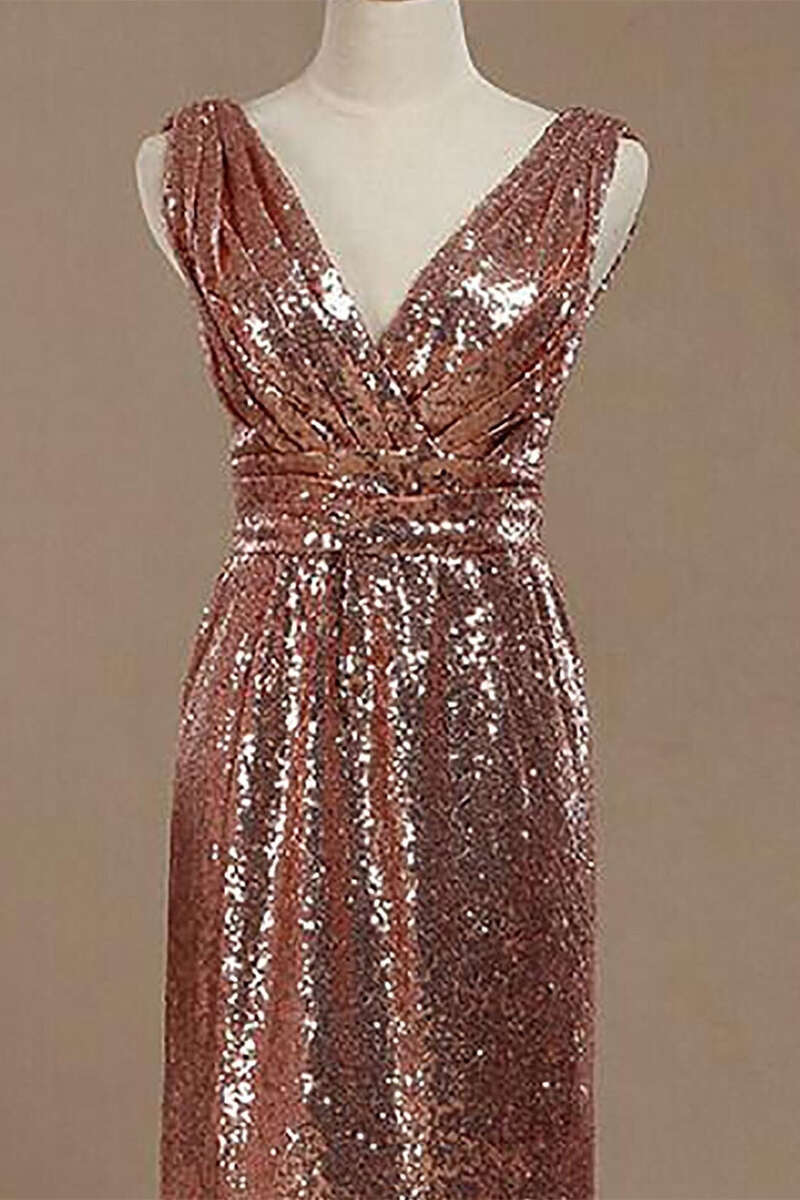 Rose Gold Sequin V-Neck Backless Short Bridesmaid Dress