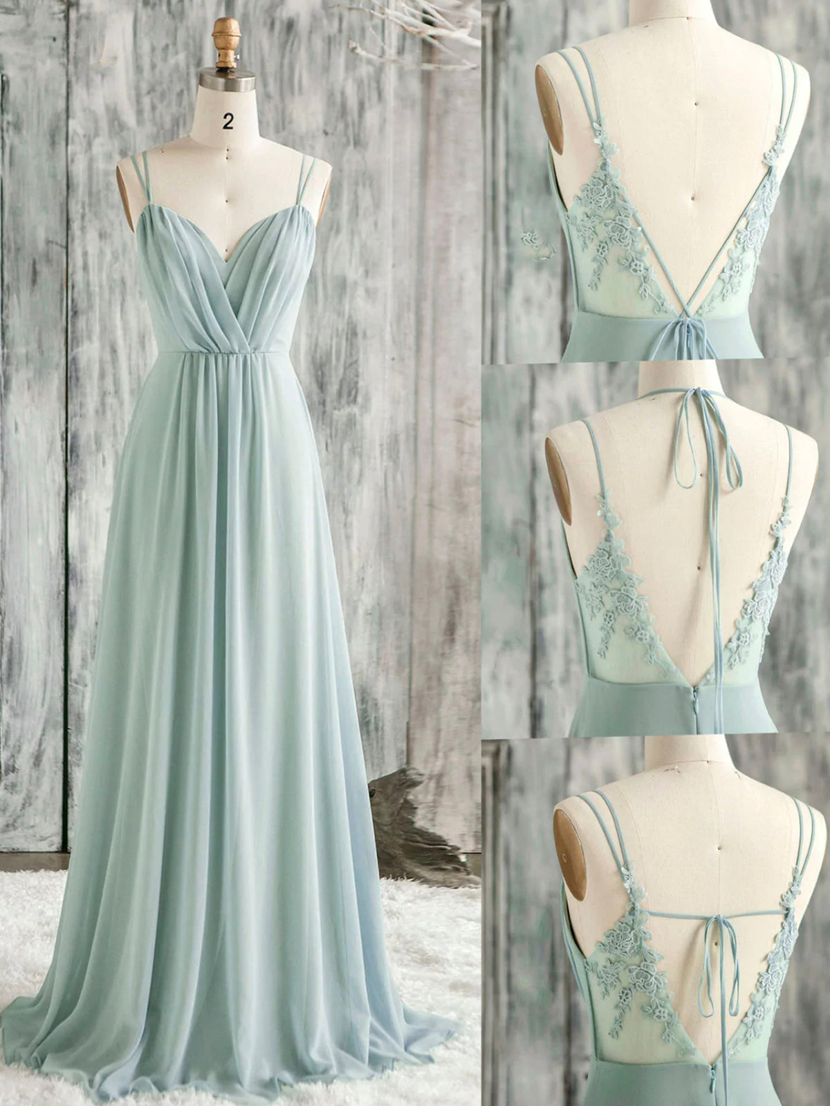 A-Line Spaghetti Strap Chiffon and Lace Long Prom Dress