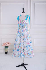 Blue and White Floral Bow Tie Straps A-line Tea-Length Prom Dress