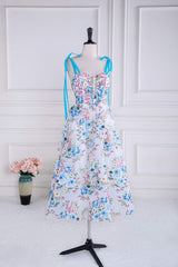 Blue and White Floral Bow Tie Straps A-line Tea-Length Prom Dress