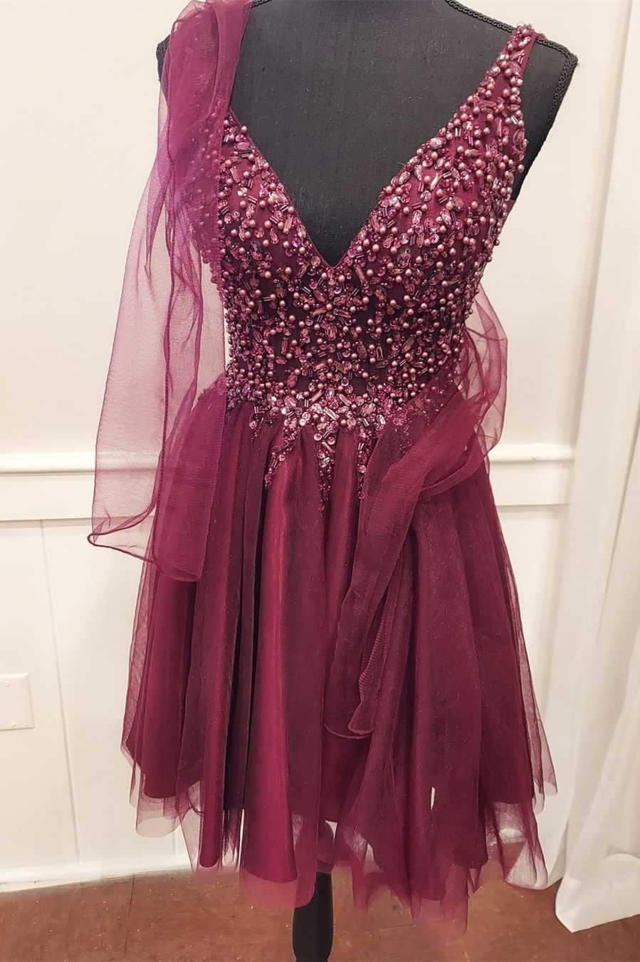 A-Line Burgundy Beaded Tie-Back Homecoming Dress