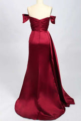 Red Satin Off-the-Shoulder Mermaid Long Prom Dress with Slit