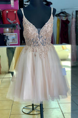 Rose Gold Straps Deep V Neck Appliques Tulle Homecoming Dress