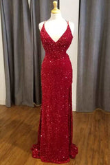 Red Sequin V-Neck Mermaid Long Formal Dress