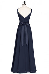 Navy Blue V-Neck Tie-Back A-Line Long Bridesmaid Dress