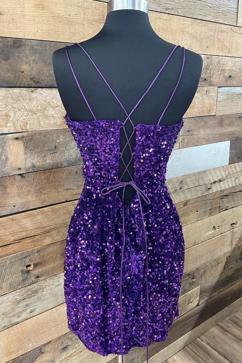 Purple Sequin Plunge V Lace-Up Short Party Dress