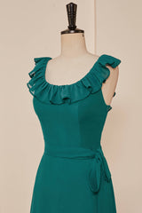 Teal Ruffled Neck A-line Long Bridesmaid Dress with Sash