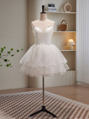 White Spaghetti Strap Tulle Short Prom Dress, Cute A-Line Party Dress