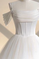 Ivory Tulle Off the Shoulder Formal Gown, Elegant A-Line Wedding Dress