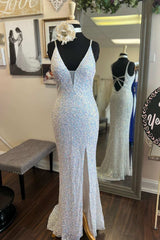 White Iridescent Sequin Plunge V Long Prom Dress with Slit