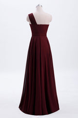 One Shoulder Burgundy A-line Chiffon Long Bridesmaid Dress