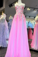 Pink Tulle Floral Appliques Sweetheart A-Line Prom Dress