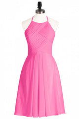 Neon Pink Halter A-Line Short Bridesmaid Dress