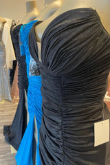 Black & Blue Jay Strapless Mermaid Pleated Long Prom Dress with Slit