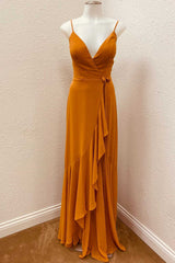 Rust V-Neck Spaghetti Straps Ruffled Long Bridesmaid Dress