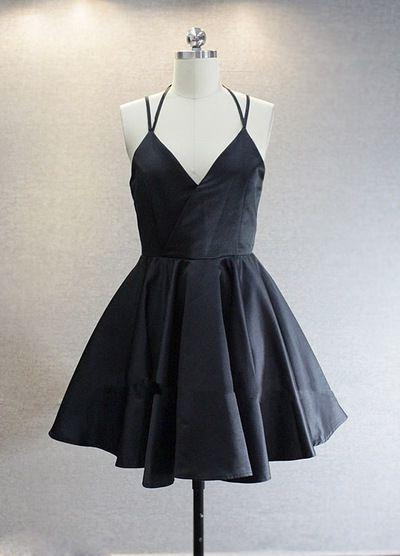 Princess/A-Line V-Neck Short Black Satin Homecoming/Prom Dresses