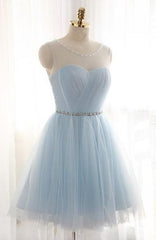 A-Line Jewel Light Blue Tulle Short Homecoming Dress 2023 with Beading Pleats