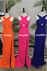 Fitted Criss Coss Neck Orange Prom Dress with Slit