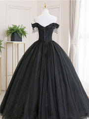 Black tulle lace long black tulle lace prom dresses