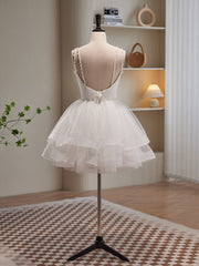 White Spaghetti Strap Tulle Short Prom Dress, Cute A-Line Party Dress