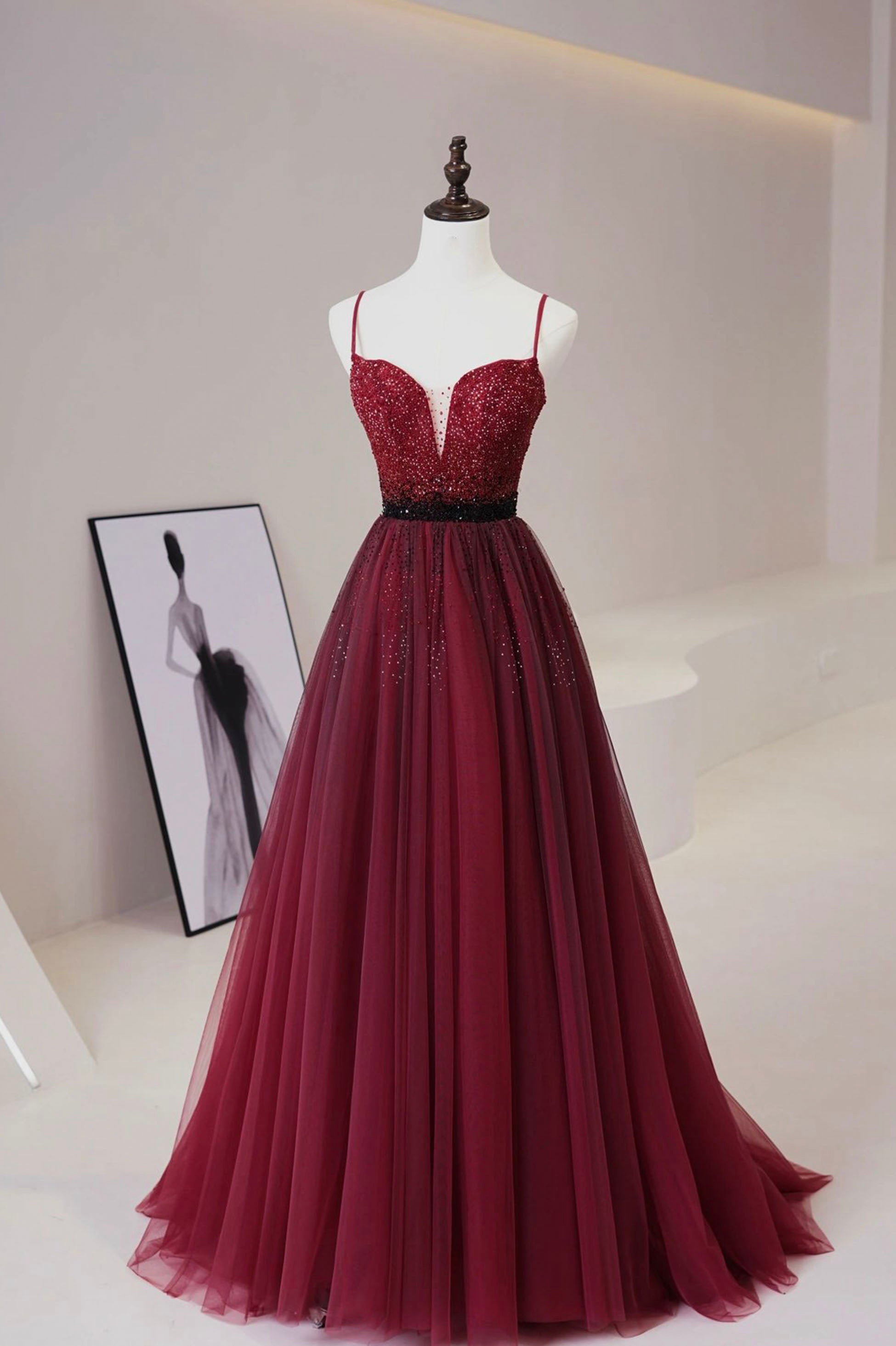 Burgundy Tulle Beaded Long Prom Dress, A-Line Spaghetti Strap Evening Dress