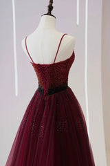 Burgundy Tulle Beaded Long Prom Dress, A-Line Spaghetti Strap Evening Dress