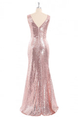 Rose Gold Sequin V-neck Long Formal Dress with Slit