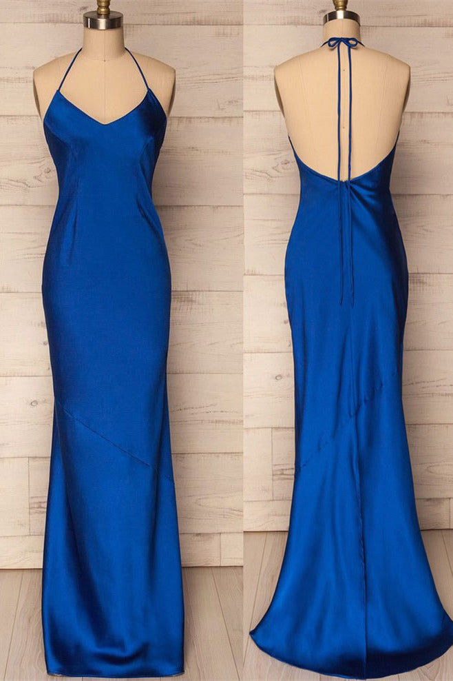 Mermaid Halter Royal Blue Satin Long Prom Gown