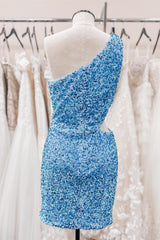 Sky Blue One Shoulder Sequins Sheath Cut-Out Homecoming Dress