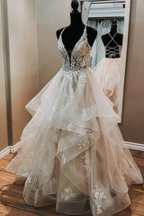 Champagne V-Neck Tulle Long Prom Dresses, A-Line Formal Evening Dresses