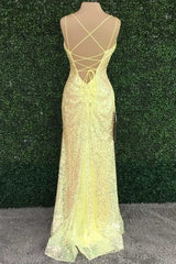 Yellow Sequin V-Neck Lace-Up Back Long Prom Dress with Slit