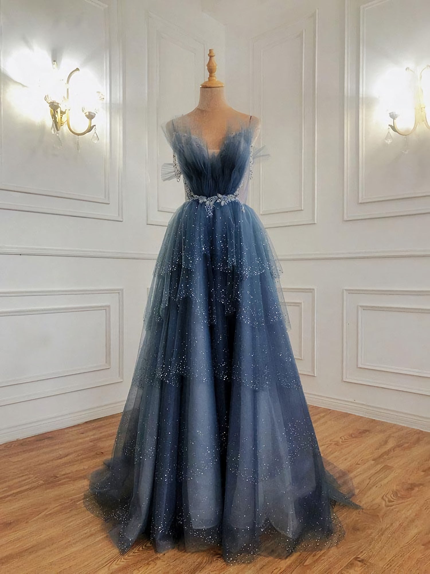 Gray Blue Tulle Beads Long Prom Dress, Blue Tulle Formal Dress