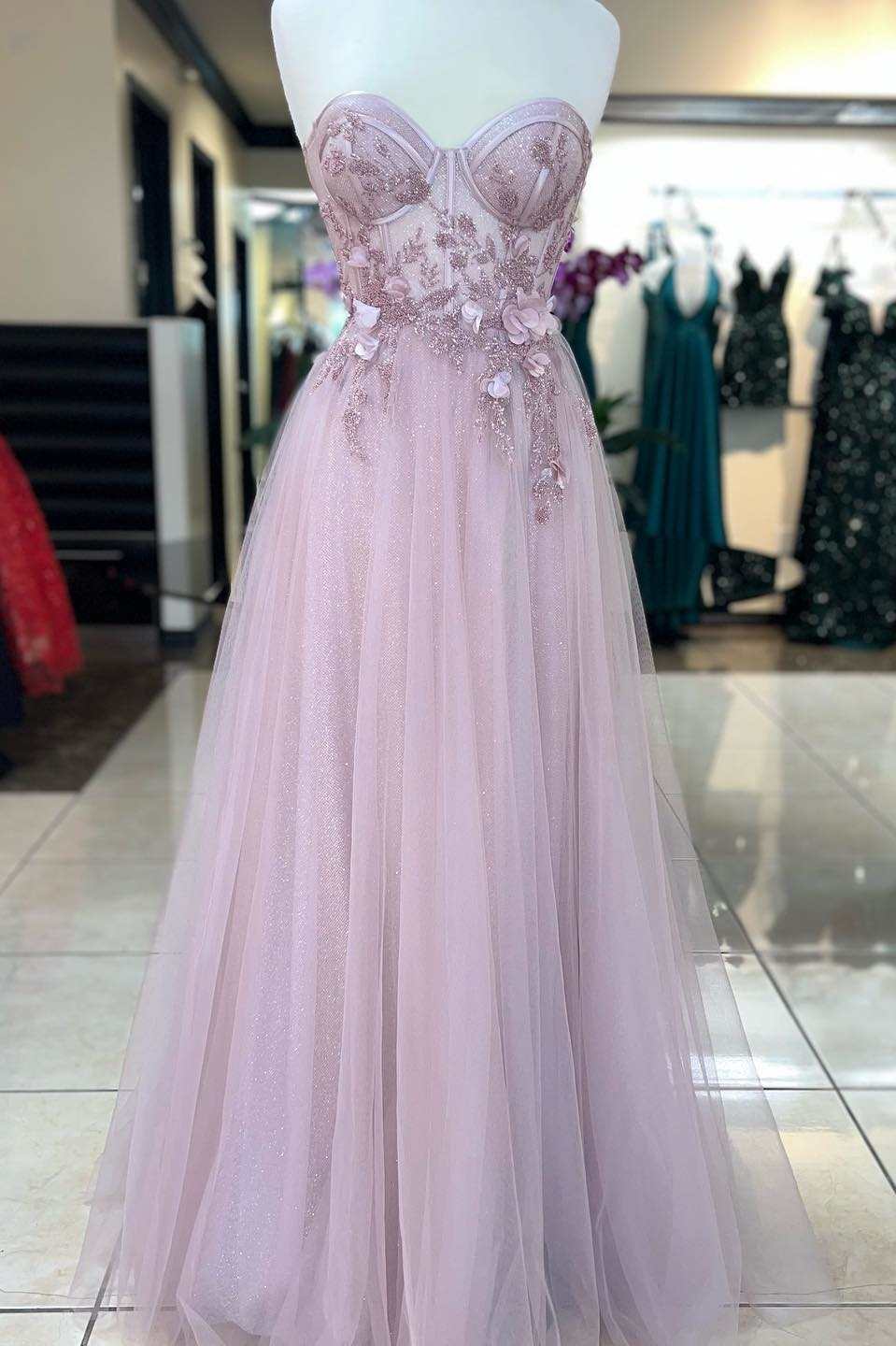 Princess Pink Sweetheart 3D Floral Lace A-Line Prom Dress