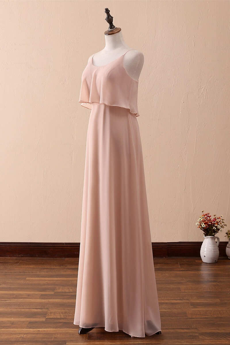 Blush Pink Spaghetti Strap Ruffled Long Bridesmaid Dress