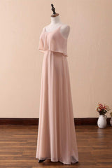 Blush Pink Spaghetti Strap Ruffled Long Bridesmaid Dress