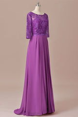 Purple Lace Round Neck Keyhole Back Long Mother of the Bride Dress