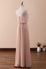 Blush Pink Spaghetti Strap Ruffled Long Bridesmaid Dress