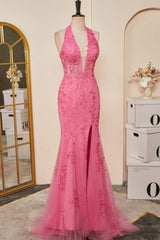 Pink Plunging Halter Appliques Mermaid Long Prom Dress with Slit