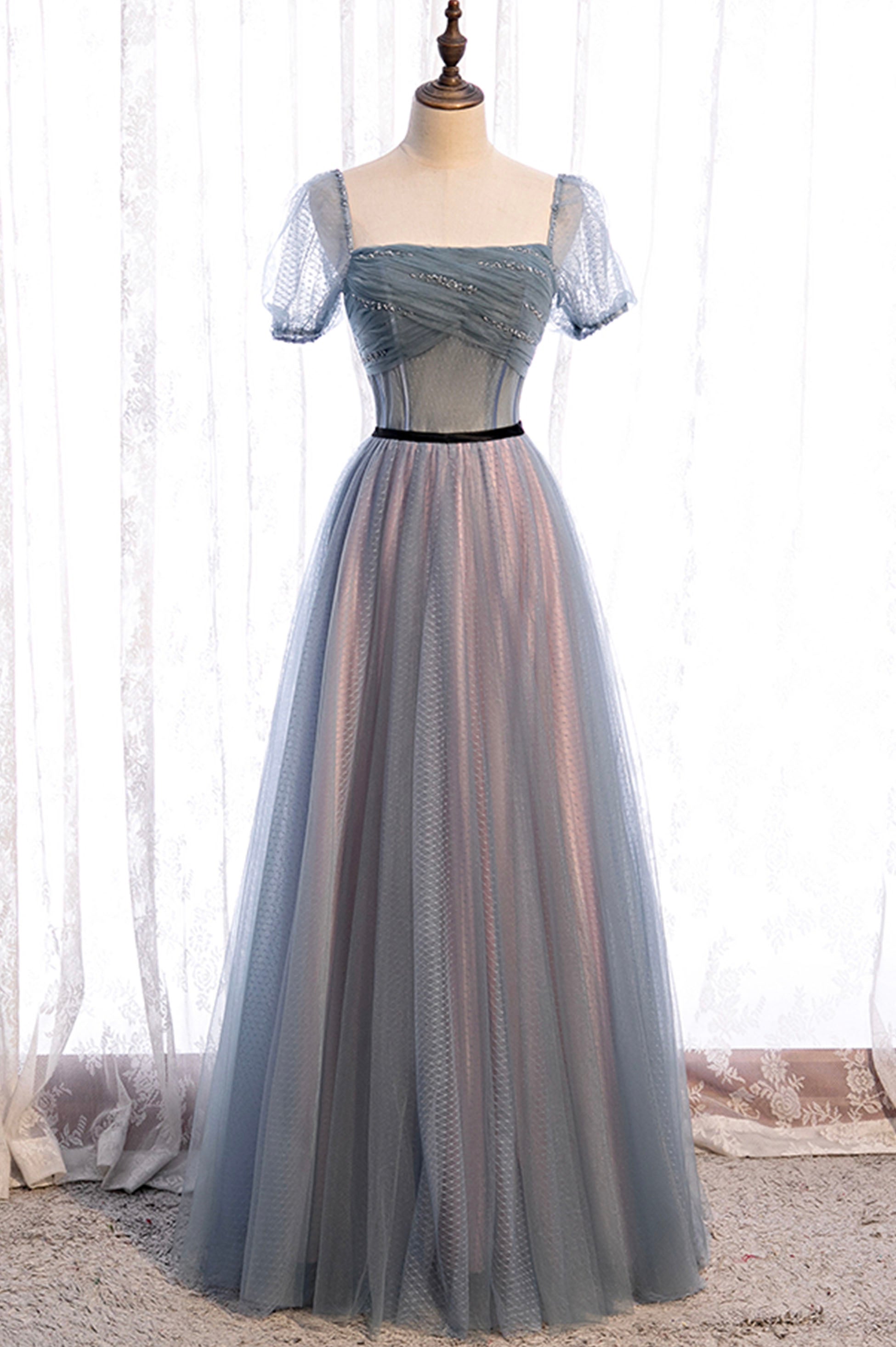 Gray Blue Tulle Long A-Line Prom Dress, Cute Short Sleeve Evening Dress