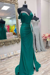 Asymmetrical Green Beaded Mermaid Long Prom Dress with Slit