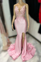 Pink Lace Satin Mermaid Long Prom Dress with Slit